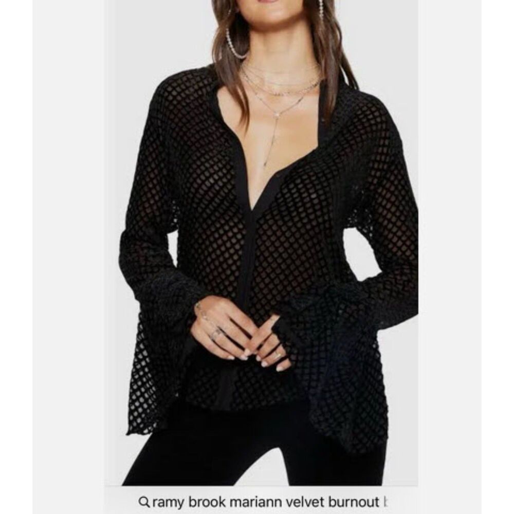 Ramy Brook | Mariann | Black Velvet Scales Fishnet Burnout Baddie Blouse | Sz L